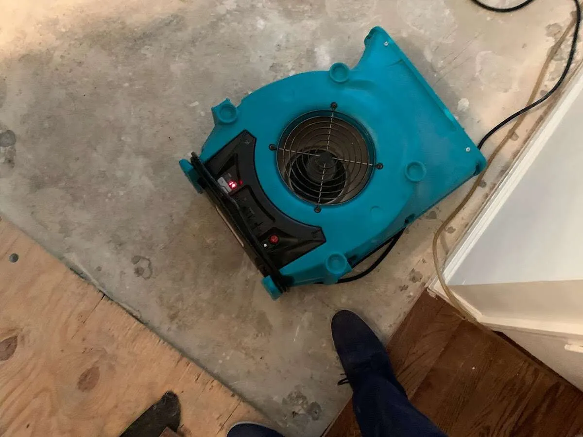 Air mover drying subfloor during Commercial Water Damage Restoration in Sonterra